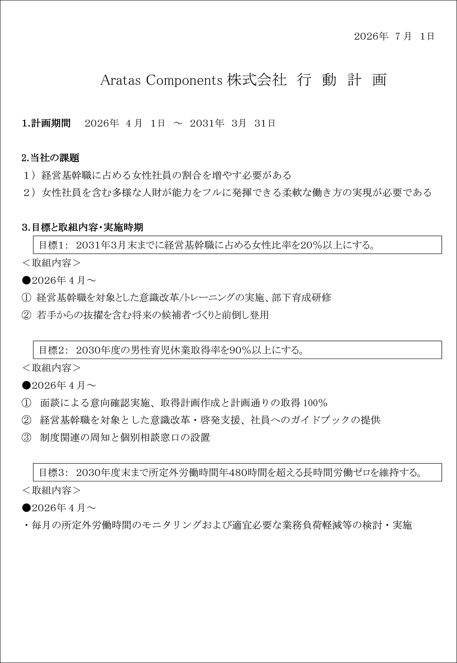Aratas Components株式会社 行動計画 2026年7月1日