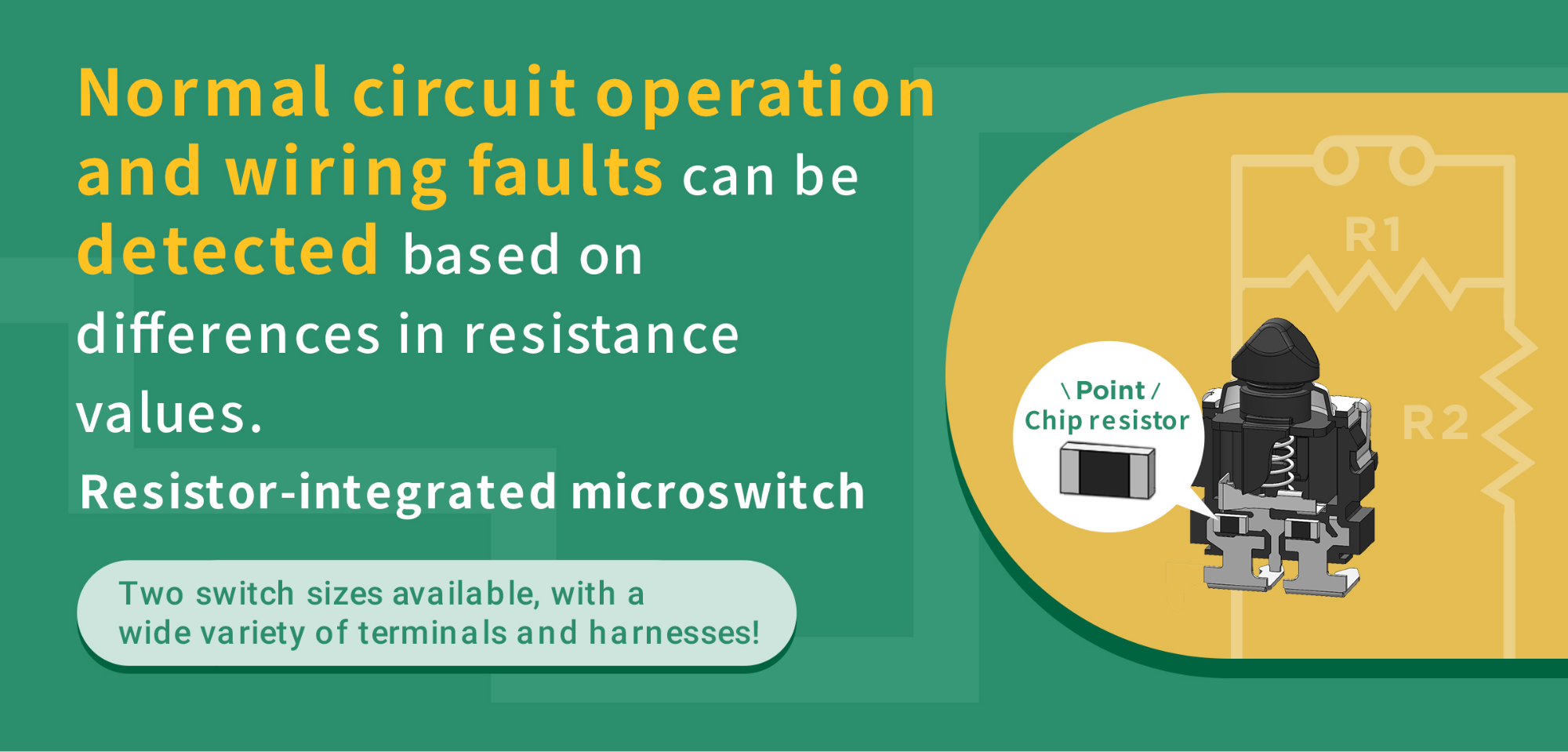 Normal circuit operation and wiring faults can be detected based on differences in resistance values. Resistor-integrated micro switch Two switch sizes available, with a wide variety of terminals and harnesses!