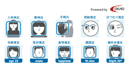 人体検出、顔検出、手検出、視線推定、目つむり推定、年齢推定、性別推定、表情推定、顔認証、顔向き推定