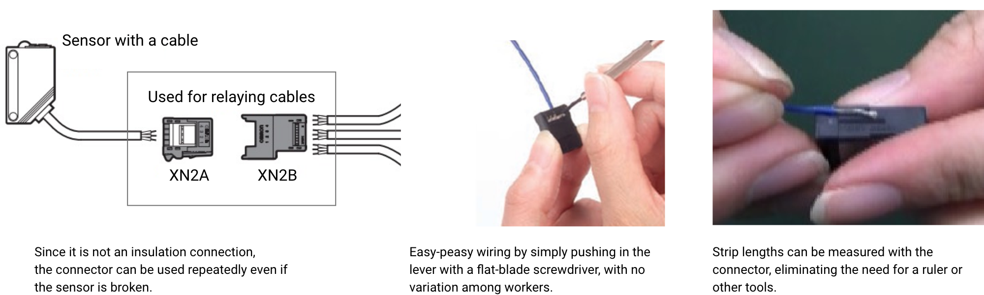 Since it is not an insulation connection, the connector can be used repeatedly even if the sensor is broken. Easy-peasy wiring by simply pushing in the lever with a flat-blade screwdriver, with no variation among workers. Strip lengths can be measured with the connector, eliminating the need for a ruler or other tools.