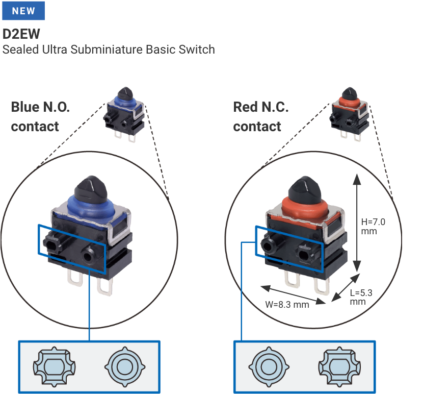 D2EW Sealed Ultra Subminiature Basic Switch W8.3mm×L5.3mm×H7.0mm Blue N.O. contact / Red N.C. contact