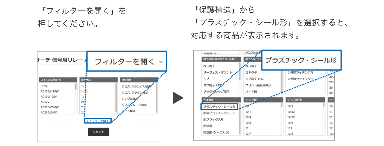 「フィルターを開く」を押してください。 => 「保護構造」から「プラスチック・シール形」を選択すると、対応する商品が表示されます。