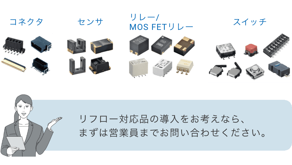 コネクタ、センサ、リレー/MOS FETリレー、スイッチ。リフロー対応品の導入をお考えなら、まずは営業員までお問い合わせください。