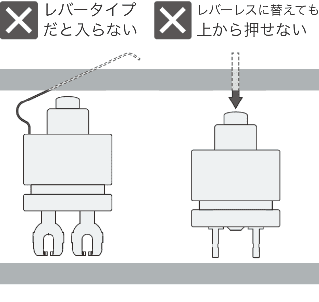 レバータイプだと入らない。レバーレスに替えても上から押せない。
