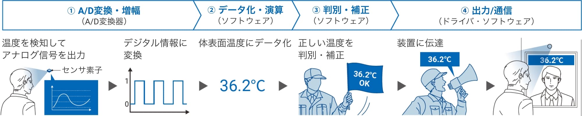 ➀A/D変換・増幅(A/D変換器):温度を検知してアナログ信号を出力。デジタル情報に変換。➁データ化・演算(ソフトウェア)体表面温度にデータ化➂判別・補正(ソフトウェア):正しい温度を判別・補正➃出力/通信(ドライバ・ソフトウェア):装置に伝達