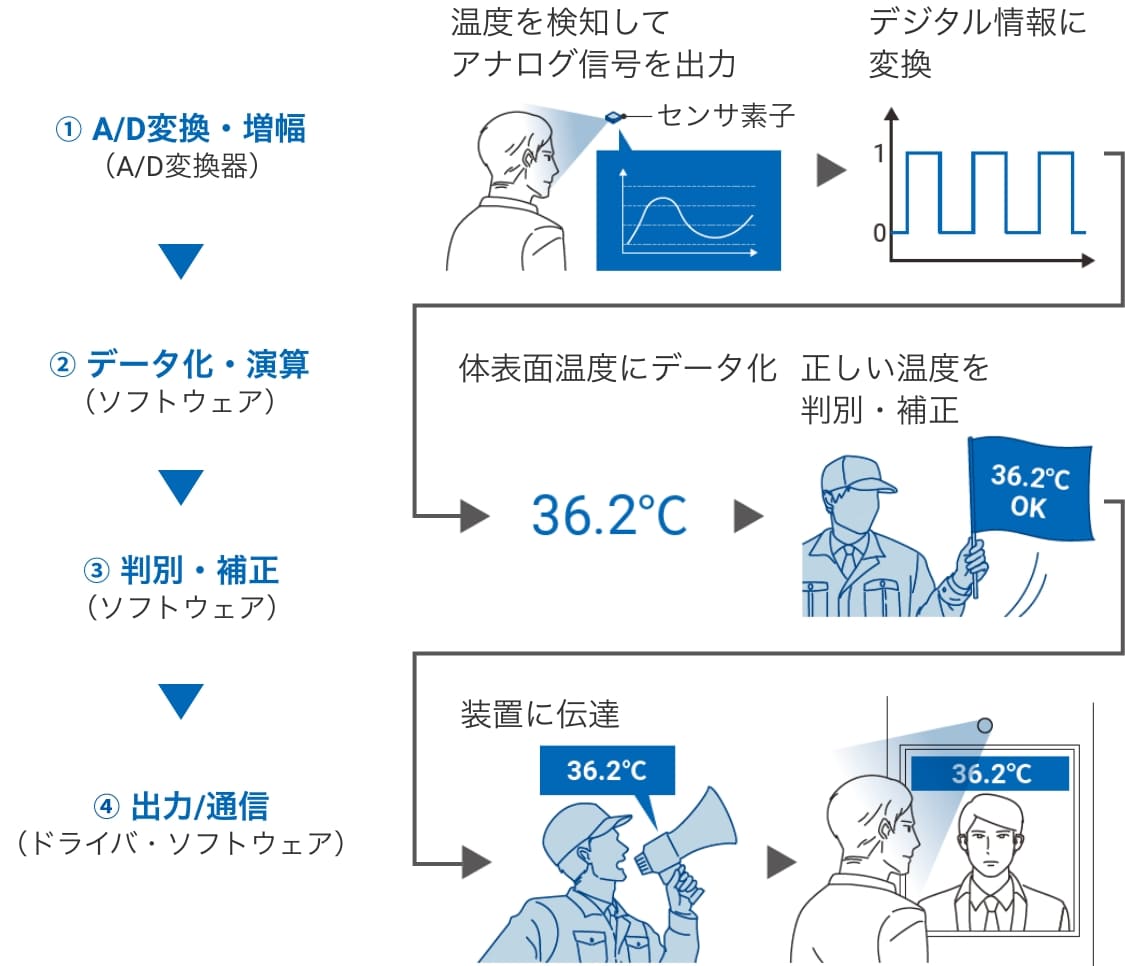 ➀A/D変換・増幅(A/D変換器):温度を検知してアナログ信号を出力。デジタル情報に変換。➁データ化・演算(ソフトウェア)体表面温度にデータ化➂判別・補正(ソフトウェア):正しい温度を判別・補正➃出力/通信(ドライバ・ソフトウェア):装置に伝達
