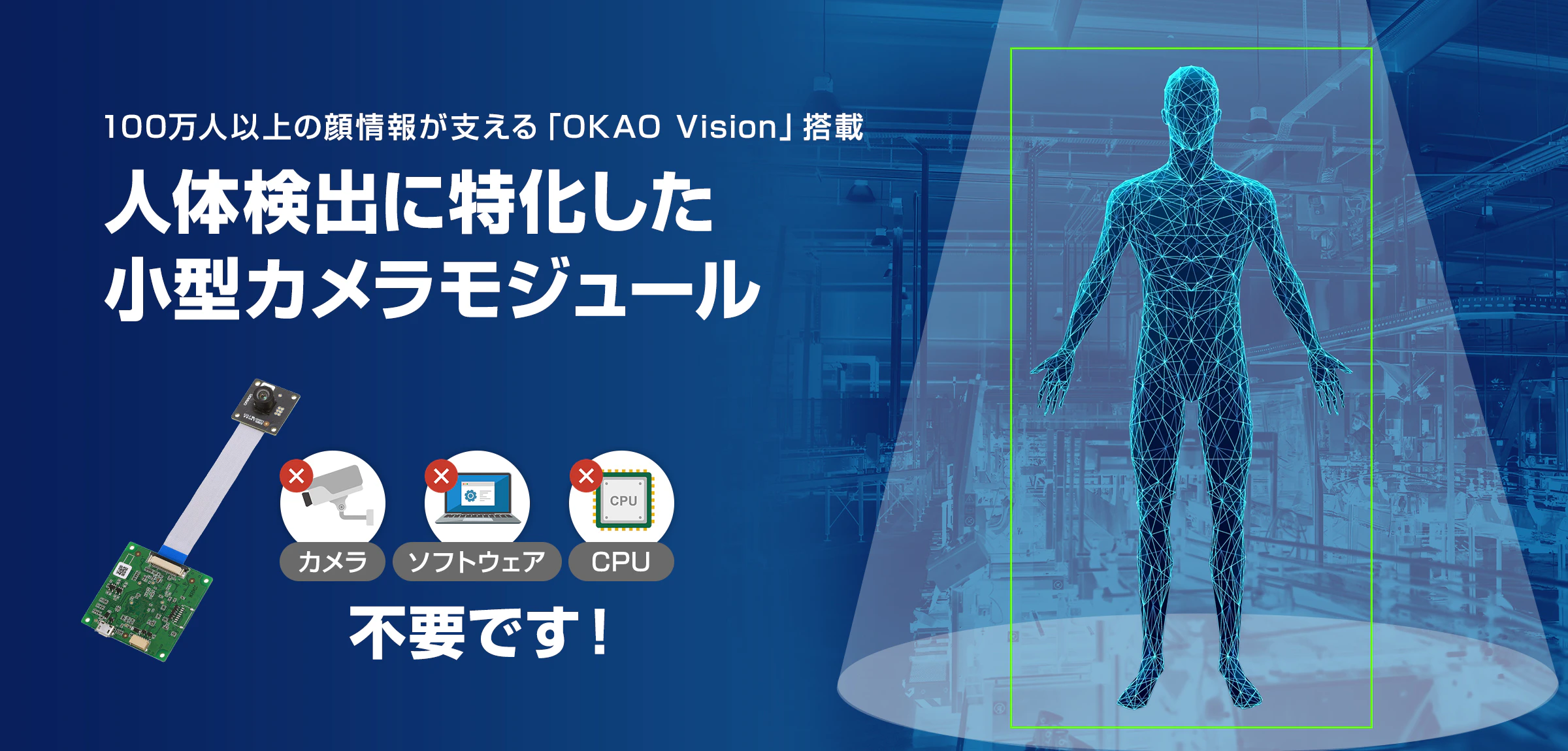 100万人以上の顔情報が支える「OKAO Vision」搭載。人体検出に特化した小型カメラモジュール。カメラ・ソフトウェア・CPU不要です！