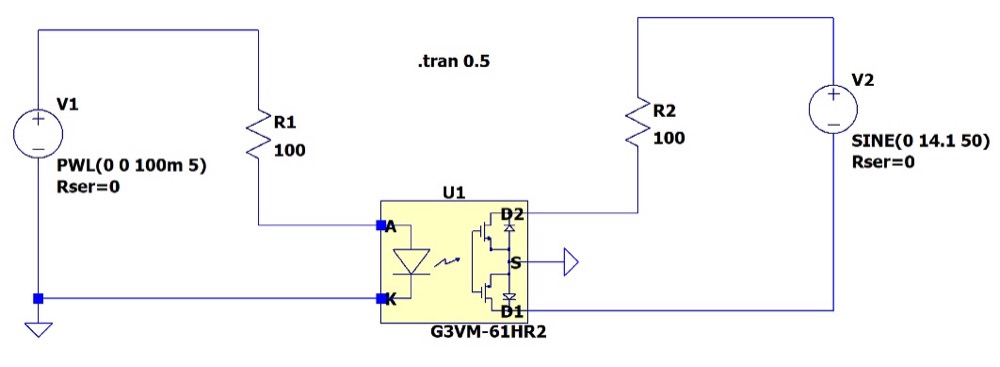 Screenshot of a MOSFET relay simulation tool showing input/output waveform analysis.