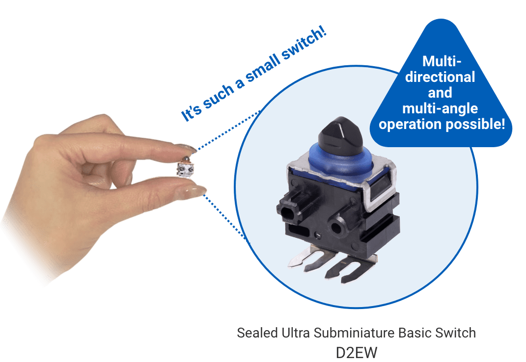 Key features of D2EW switch: Dual-contact reliability and IP67 dust/water protection.