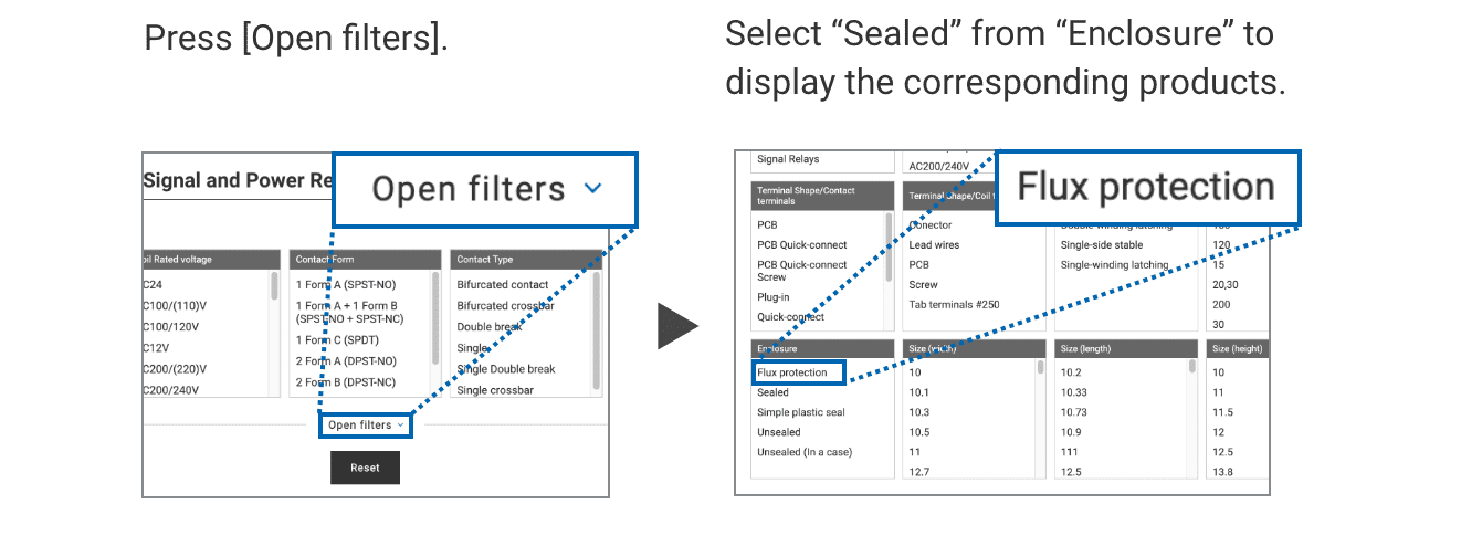 Scan the QR code. Parametric search => Press [Open filters]. => Select 'Sealed' from 'Enclosure' to display the corresponding products.