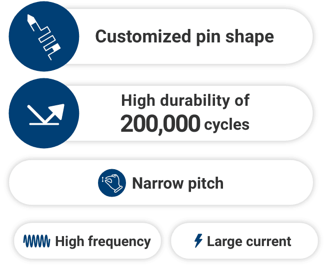 Customized pin shape, High durability of 200,000 cycles or more, Narrow pitch, High frequency, Large current