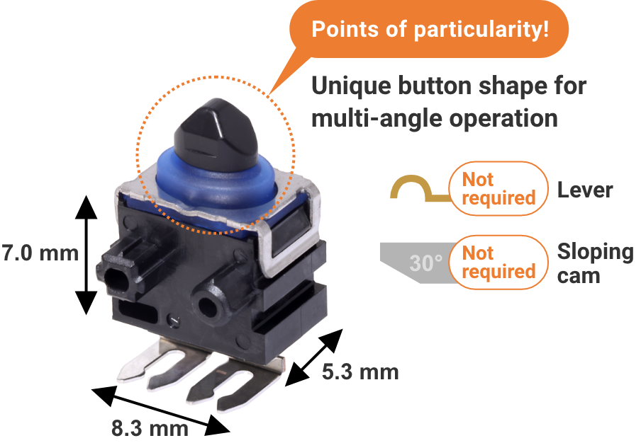 Points of particularity! Unique button shape for multi-angle operation. Not required Lever, Not required Sloping cam